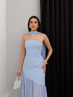 Cocoslly Strapless Sleeveless High Waist Long Prom Dress With Split And Scarf | Sky Blue Satin And Chiffon CO0100