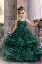 Cocoslly Spaghetti Straps  Sleeveless Flower Girl Dress With Appliques And Rhinstone | Dusty Blue Tulle FL0020