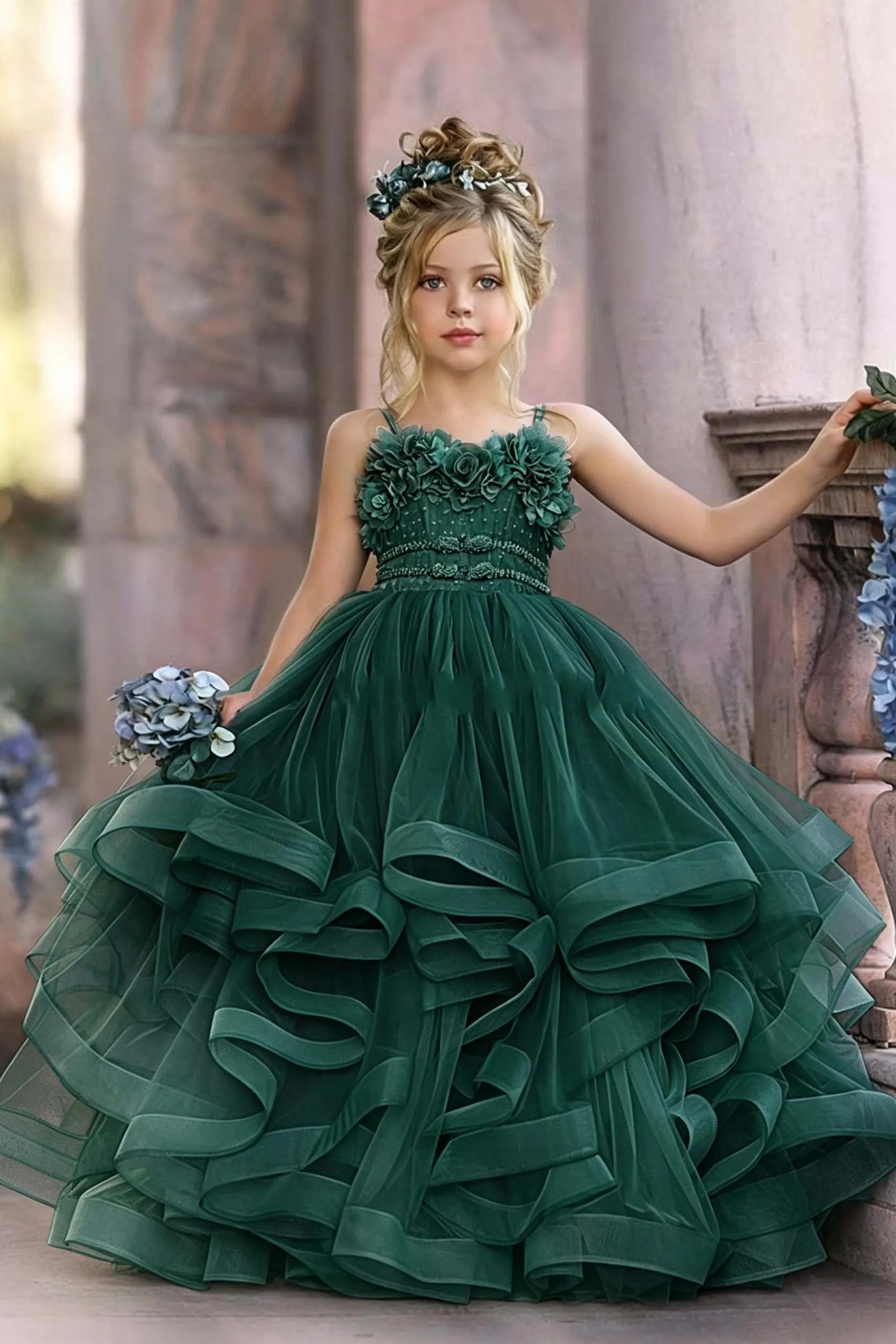 Cocoslly Spaghetti Straps  Sleeveless Flower Girl Dress With Appliques And Rhinstone | Dusty Blue Tulle FL0020