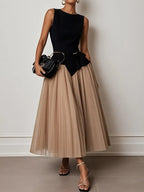 Light Khaki Pleated Asymmetrical Boat Neck Top with Skirt Two-Piece Set With Belt
