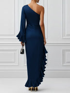 Navy Blue Ruffled Satin One Shoulder Long Sleeve Bell Sleeve Sheath Maxi Dress