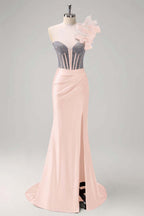 Satin V-Neck Strapless Sleeveless Long Pleated Mermaid Prom Dress With Rhinstone And High Split YK0320