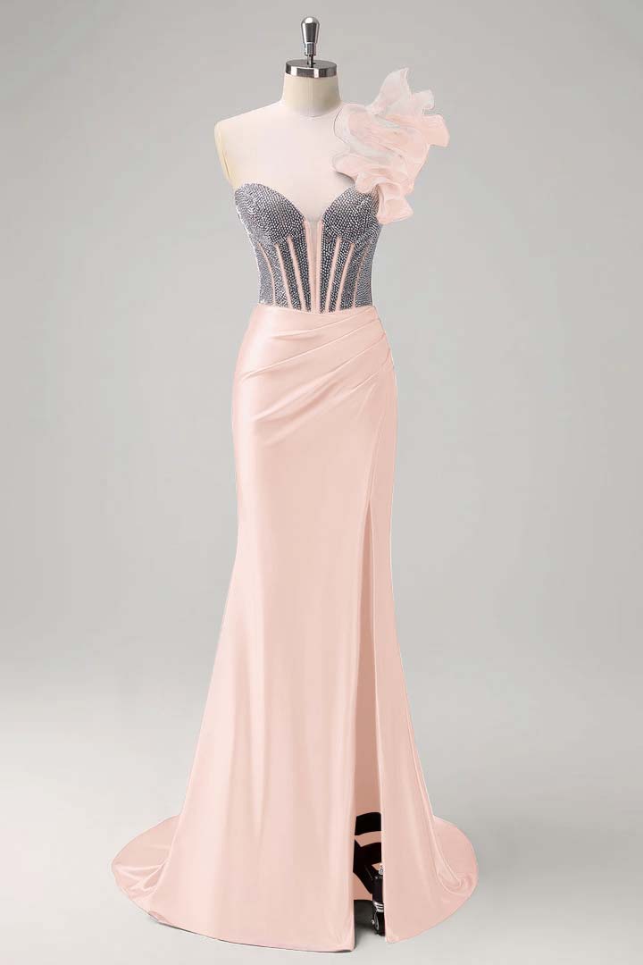 Satin V-Neck Strapless Sleeveless Long Pleated Mermaid Prom Dress With Rhinstone And High Split YK0320
