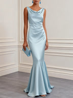 Light Blue Ruched Satin Cowl Neck Sleeveless Mermaid Maxi Dress