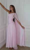 Cocoslly One Shoulder Sleeveless High Waist Long Prom Dress With Sequins | Pink Chiffon JZ0098