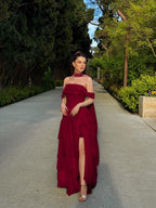 Cocoslly Off-The-Shoulder Sleeveless High Waist Long Split Prom Dress With Ruffles And Scarf | Daffodil Chiffon YK1279