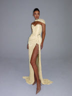 Cocoslly Strapless Sweetheart Sleeveless High Waist Long Split Prom Dress With Shawl | Silver Grey Sequins YK1275