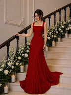 Cocoslly Wide Straps Square Neck Sleeveless High Waist Long Prom Dress With Pleated | Daffodil Chiffon YK1259