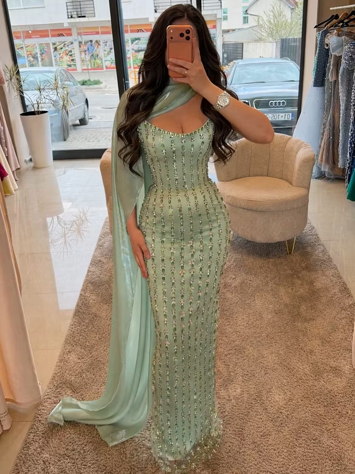 Cocoslly Strapless Sleeveless High Waist Long Prom Dress With Shawl And Rhinstone | Dusty Sage Satin YK1255