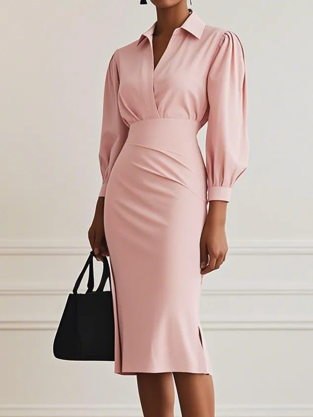 Women Light Gray Ruched Shirt Collar Long Sleeve Dressy Top With Skirt Two-Piece Set