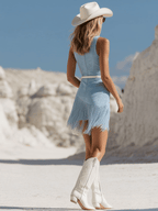 Western Bohemian Tassel Light Blue Faux Suede Sleeveless Mini Dress