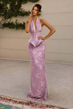 Halter V Neck Sleeveless Long Mermaid Prom Dress With Appliques WQ0176
