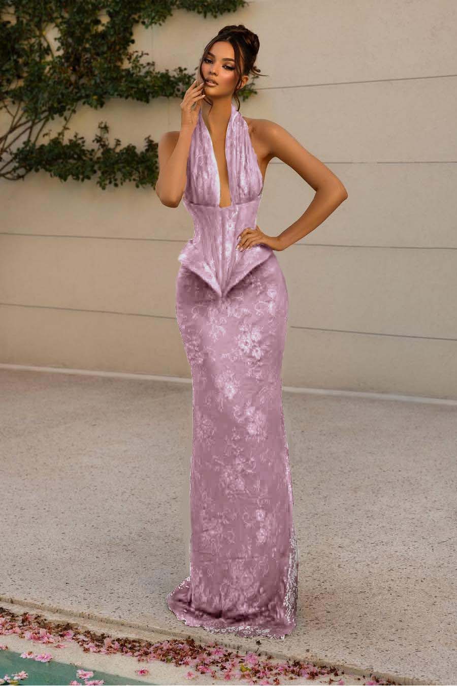 Halter V Neck Sleeveless Long Mermaid Prom Dress With Appliques WQ0176
