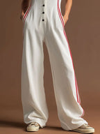 Sporty Retro Red Ribbon White Cotton Sleeveless Jumpsuit