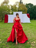 Satin Halter Neck Strapless Sleeveless Long A-Line Prom Dress With Pleated And Split YK0728
