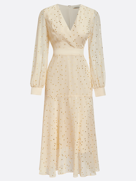 Apricot golden Chiffon V Neck Long Balloon Sleeve A-Line Midi Dress