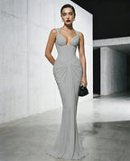Cocoslly Spaghetti Straps Sleeveless High Waist Long Mermaid Prom Dress With Pleated | Red Satin LX0112