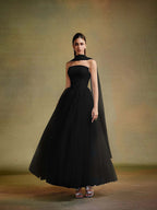 Tulle Strapless Sleeveless Long A-Line Prom Dress With Pleated And Ruffles YK0659