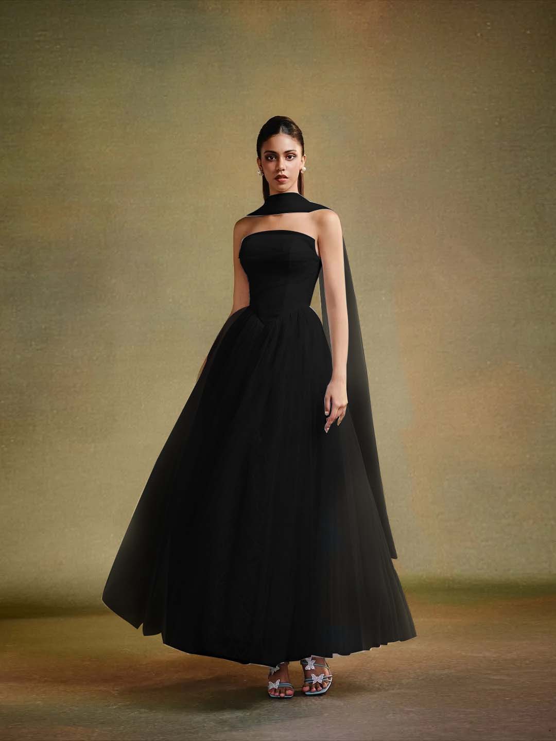 Tulle Strapless Sleeveless Long A-Line Prom Dress With Pleated And Ruffles YK0659