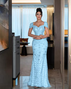Cocoslly Short Sleeves High Waist Long Mermaid Prom Dress With Rhinstone | Silver Sequins YK1264