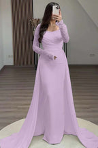Square Neck Long Sleeves High Waist Long Pleated Mermaid Prom Dress With Beadings And Ruffles YS0057