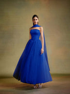 Tulle Strapless Sleeveless Long A-Line Prom Dress With Pleated And Ruffles YK0659