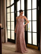 Cocoslly Spaghetti Straps Sleeveless High Waist Long Prom Dress With Rhinstone And Beading Pearls | Nude Sequins LX0091