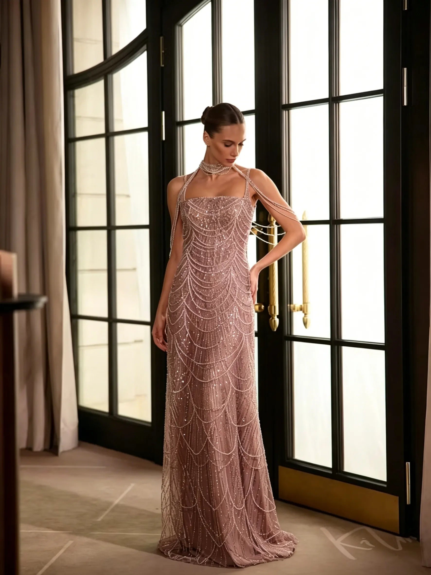 Cocoslly Spaghetti Straps Sleeveless High Waist Long Prom Dress With Rhinstone And Beading Pearls | Nude Sequins LX0091