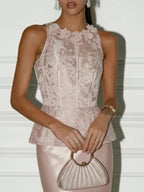 Pink Lace Jacquard 3D Floral Satin Crew Neck Sleeveless Sheath Maxi Dress