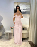 Cocoslly Satin Off-The-Shoulder Sleeveless Long Prom Dress With Pleated