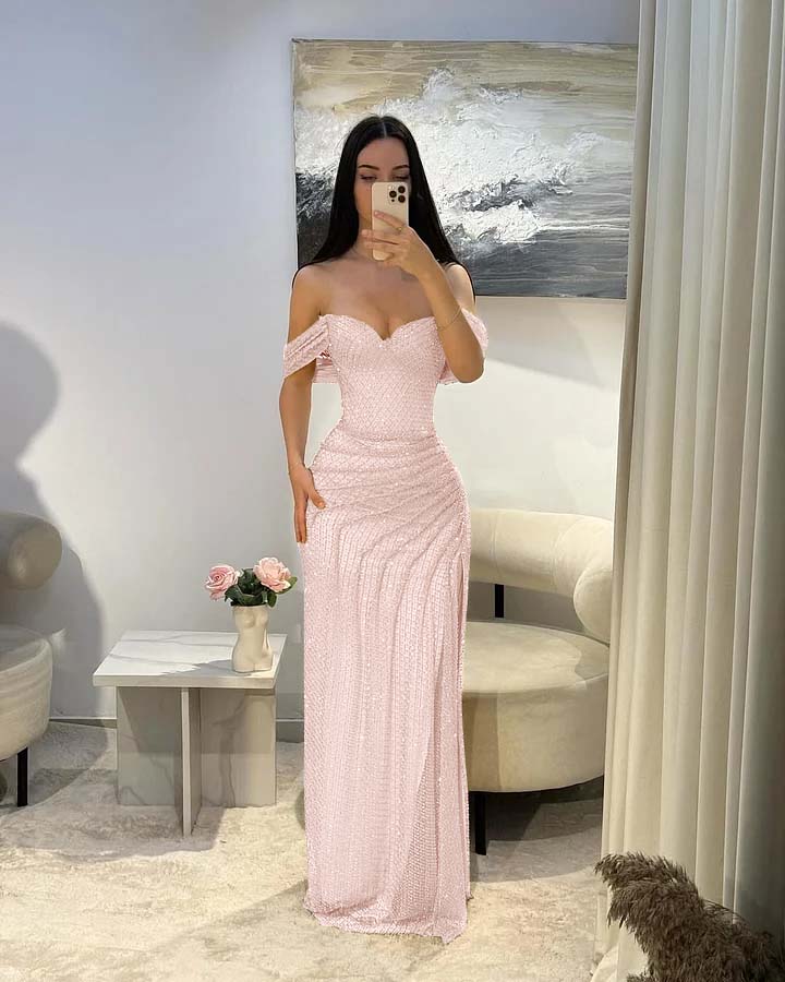 Cocoslly Satin Off-The-Shoulder Sleeveless Long Prom Dress With Pleated