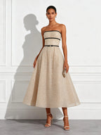 Champagne Glitter Beaded Sequin Strapless Sleeveless A-Line Midi Dress