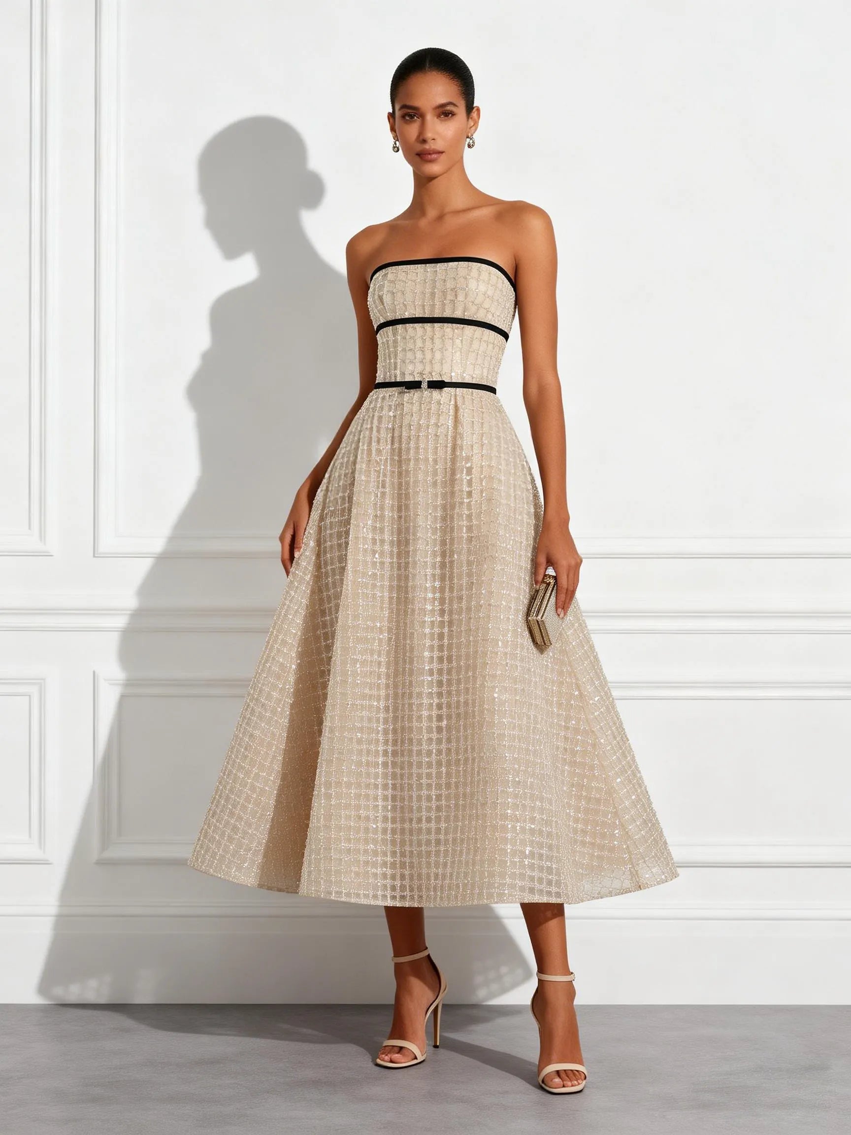 Champagne Glitter Beaded Sequin Strapless Sleeveless A-Line Midi Dress