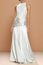 Cocoslly High-Neck Sleeveless Long Pleated Mermaid Prom Dress With Embroidery | Sage Green Satin ZA0147