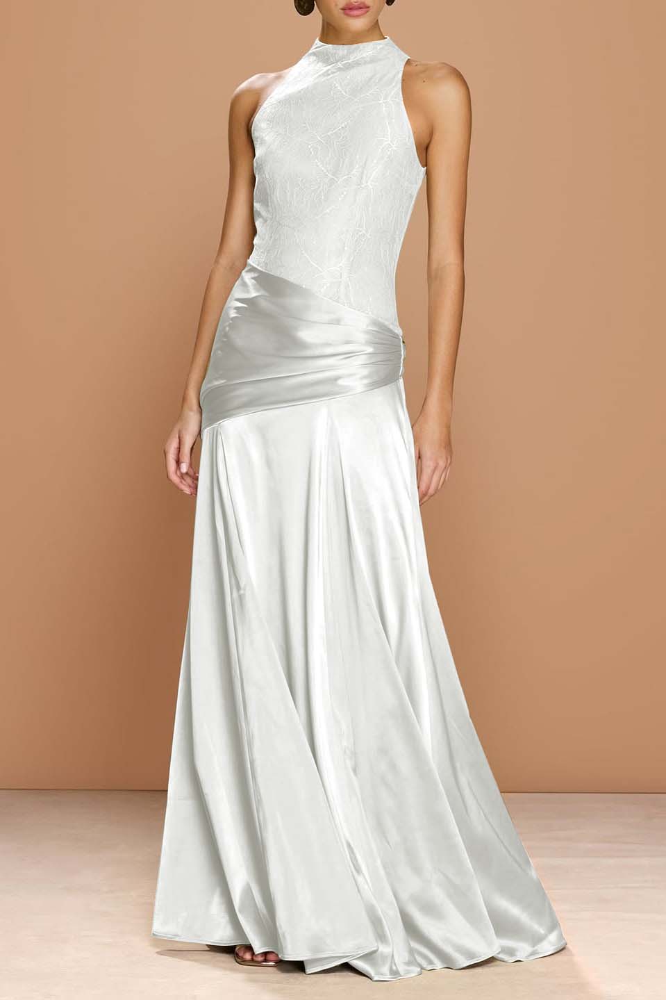 Cocoslly High-Neck Sleeveless Long Pleated Mermaid Prom Dress With Embroidery | Sage Green Satin ZA0147