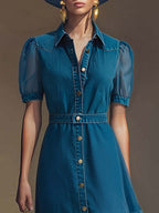 Exquisite Fashionable Front Button V-neck Short-sleeved Outer Cover Organza Blue Denim Maxi Dress
