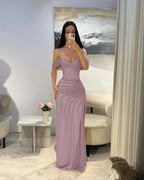 Cocoslly Satin Off-The-Shoulder Sleeveless Long Prom Dress With Pleated