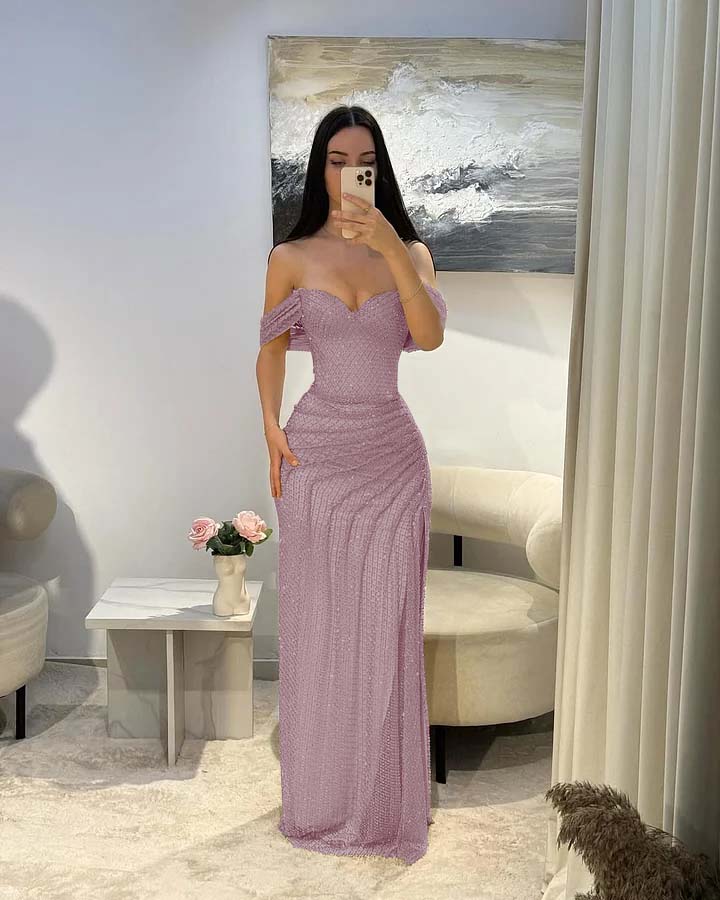 Cocoslly Satin Off-The-Shoulder Sleeveless Long Prom Dress With Pleated