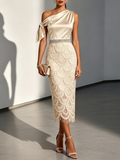 Champagne Rhinestone Bow Satin One Shoulder Short Sleeve Sheath Midi Dress