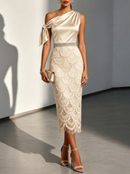 Champagne Rhinestone Bow Satin One Shoulder Short Sleeve Sheath Midi Dress