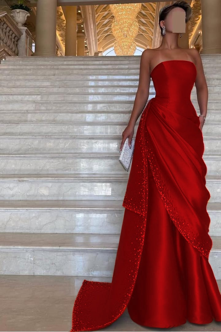 Chic Strapless Sleeveless Long Prom Dress With Pleated Beading WQ0094