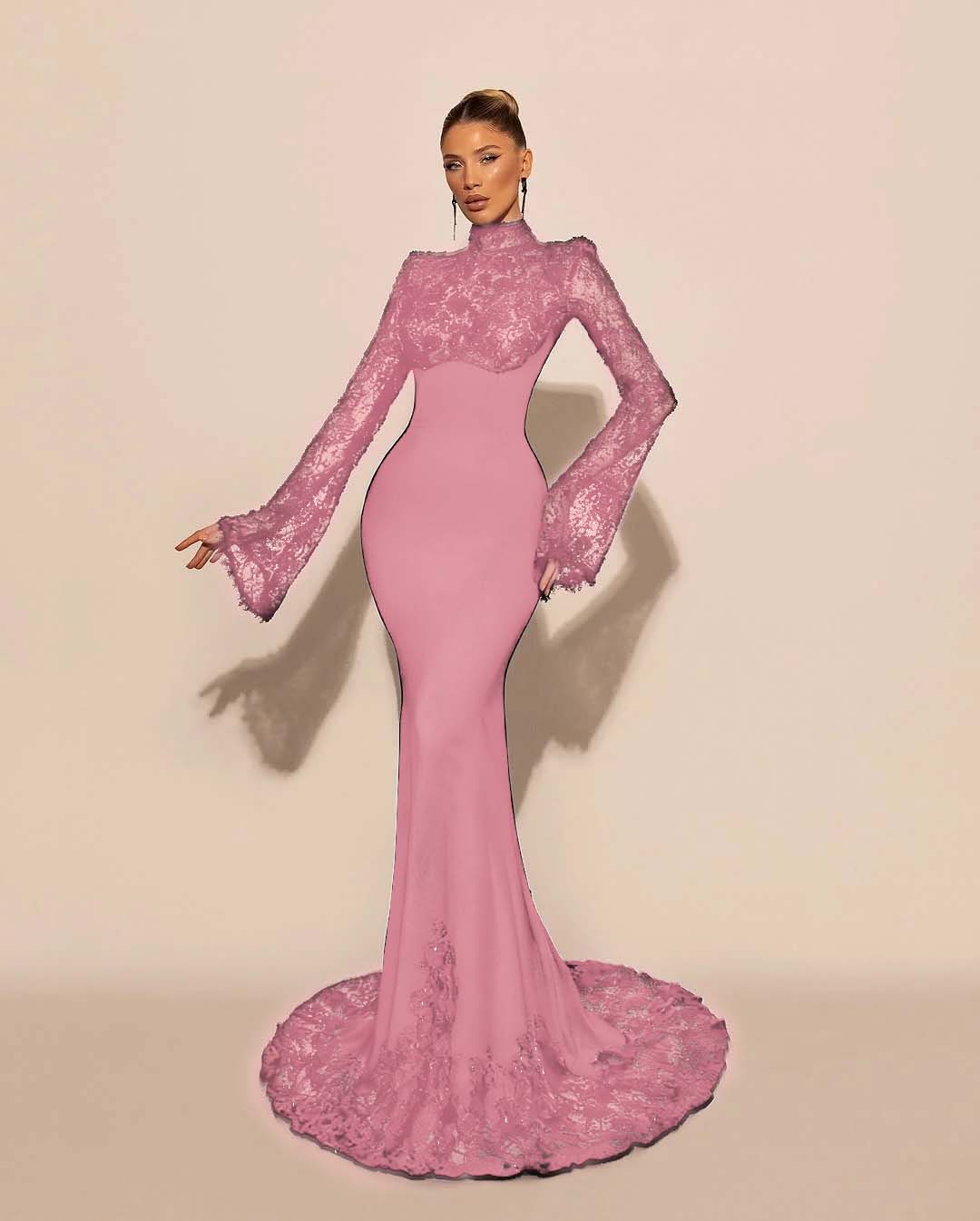 High Neck Lace Long Sleeves Long Mermaid Prom Dress With Pleated YK0572