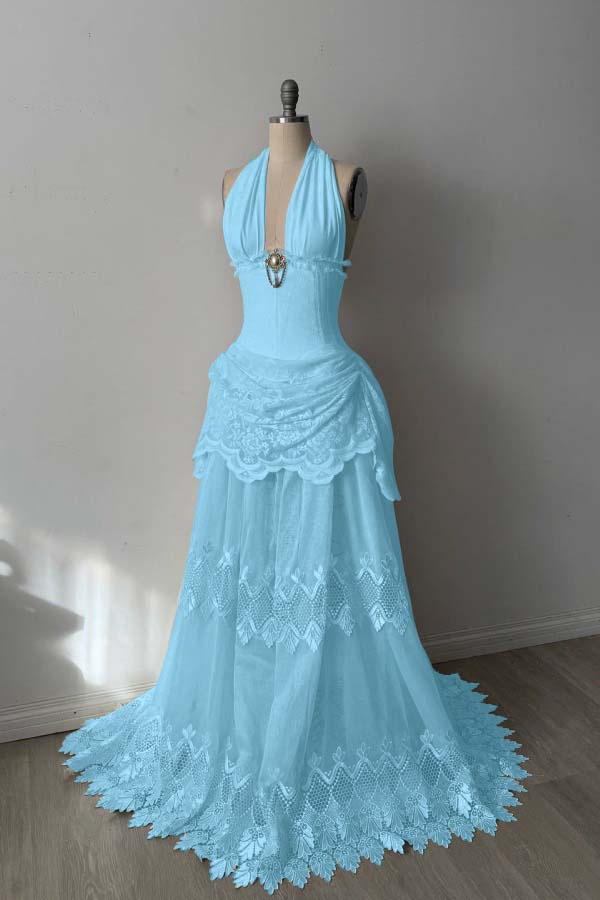 Lace And Tulle Halter Neck Strapless Sleeveless Long Mermaid Prom Dress With Pleated WQ0665