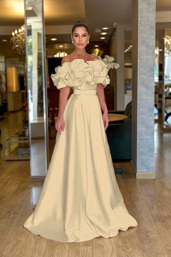 Satin Off-The-Shoulder Strapless High-Waisted Long A-Line Prom Dress With Ruffles JQ0425