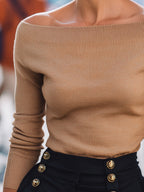 Camel Off-Shoulder Knit Top With Slim Long Sleeves