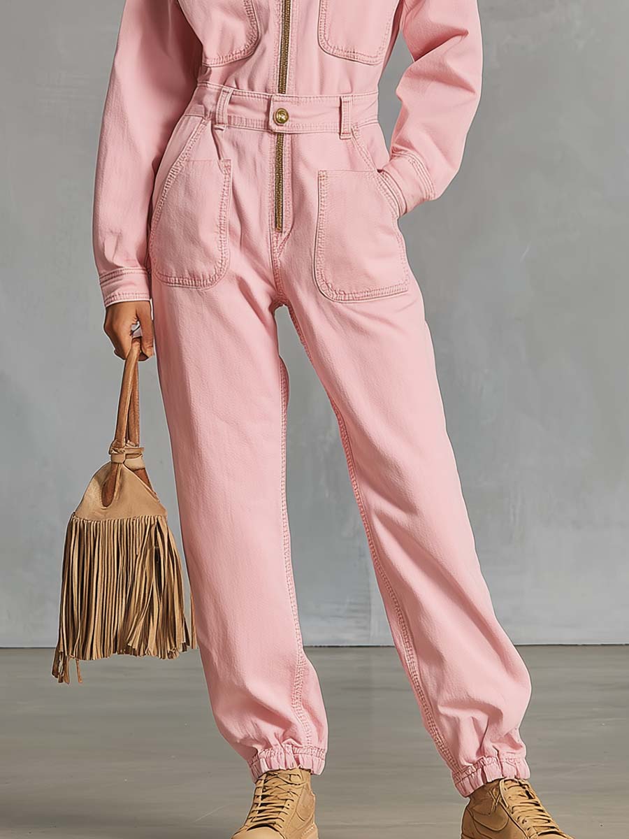 Retro Western Pink Denim Collared Zip-Front Utility Jumpsuit