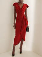 Light Blue Ruched Asymmetric Classic Cowl Neck Cap Sleeve Sheath Midi Dress