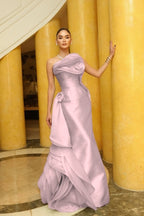 Satin And Tulle Asymmetric Strapless Sleeveless Long Pleated A-Line Prom Dress With Flowers And Ruffles WQ0642