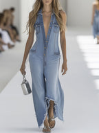 Western Retro Light Blue Denim Sleeveless Raw Edge Wide Leg Zipper Jumpsuit