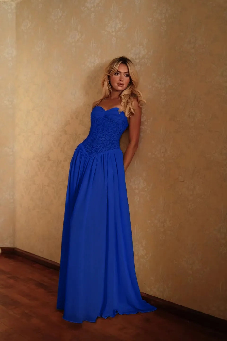Cocoslly Spaghetti Straps Sleeveless High Waist Long Prom Dress | Glod Champage Chiffon YC0559